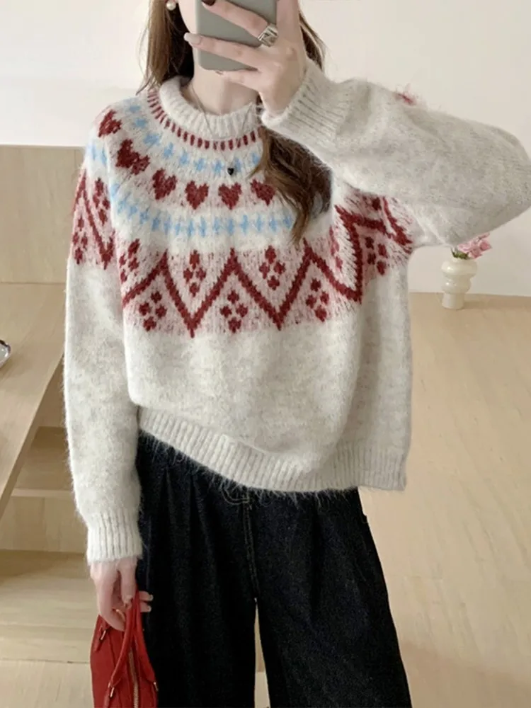 

Jacquard Loose Pullover Women 2025 New Autumn Winter Korean Fashion Retro Casual Knitted Sweater Long Sleeve Round Neck Jumper