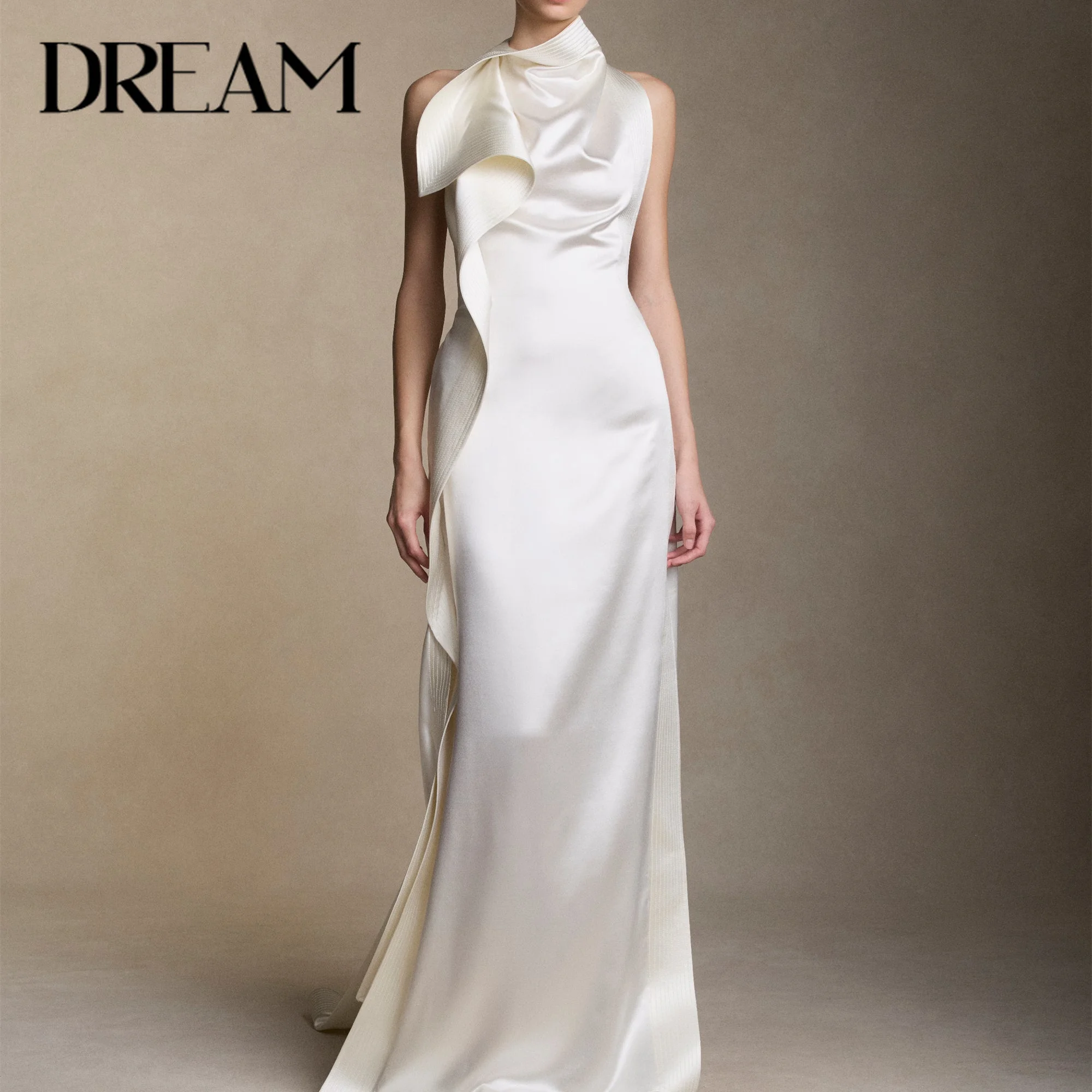 High Neck Satin Mermaid Wedding Dress 3D Ruffle Detail Fitted Long Bridal Gown Court Train Ivory Sleeveless Formal Wedding Gown