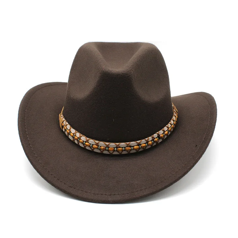 

European And American Popular Belt Wide Brim Curling Hat Western Cowboy Hat Woolen Felt Hat Fedora Hat Felt Hat