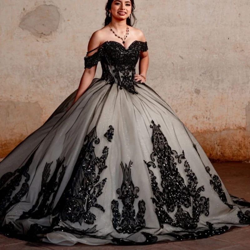 

Black Quinceanera Dresses Off the Shoulder Glitter Crystal Decal Long tail Vestidoe 15 Quinceanera Customize