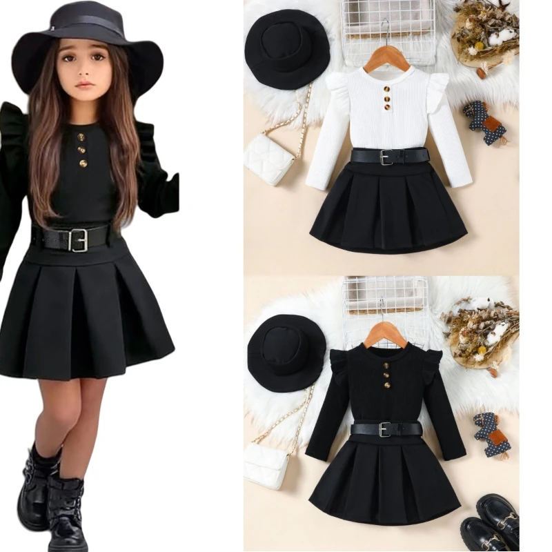 

2025 Autumn And Winter Outfits Kids Girls' 3 Pcs Set Dress + Belt + Hat New Clothes For Baby Girls Toddler Clothing For 2-8Year