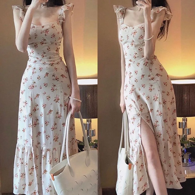 2022 Summer Korean Fashion Sweet Floral Sleeveless Casual Midi Dress Elegant French Vintage Women Sexy Slit Party Slim Dresses