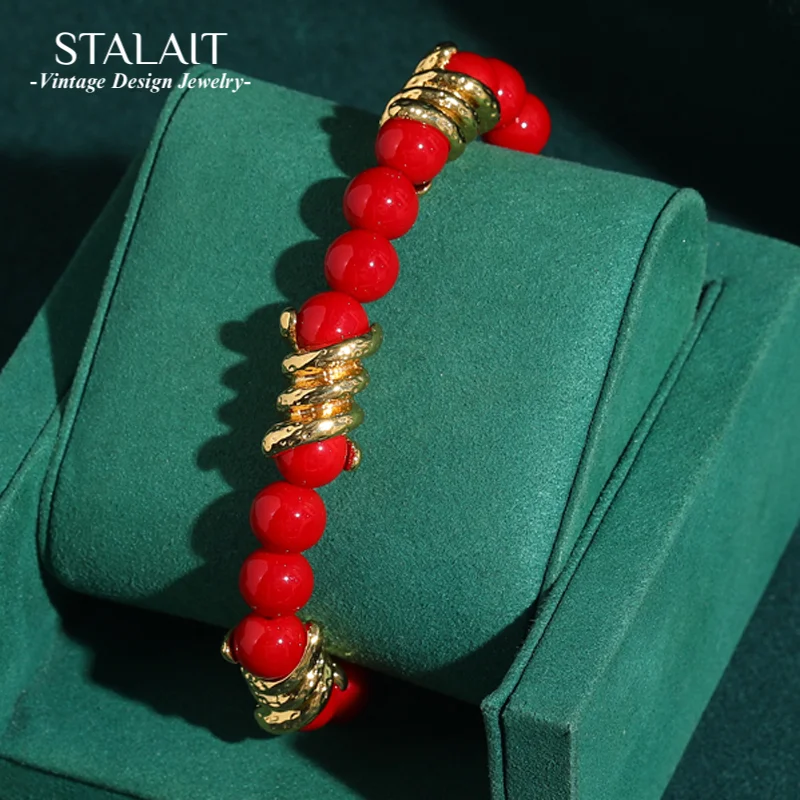 

Vintage Red Beads Bracelet Woman 18k Gold Plated Charm Natural Stone Luxury Designer 2025 Trend Jewelry Birthday Gift New In