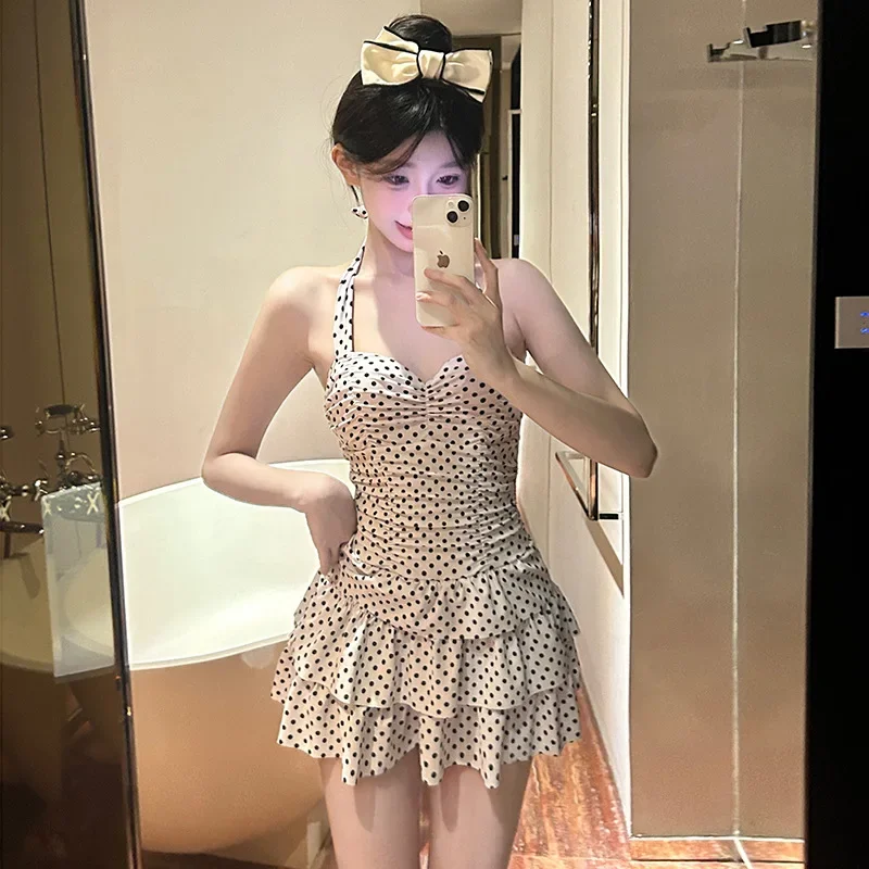

Retro Polka Dot One Piece Swimsuit Backless Thermal Spring Sweet Skirt Belly Covering Slimming New Model Swimwear for Women