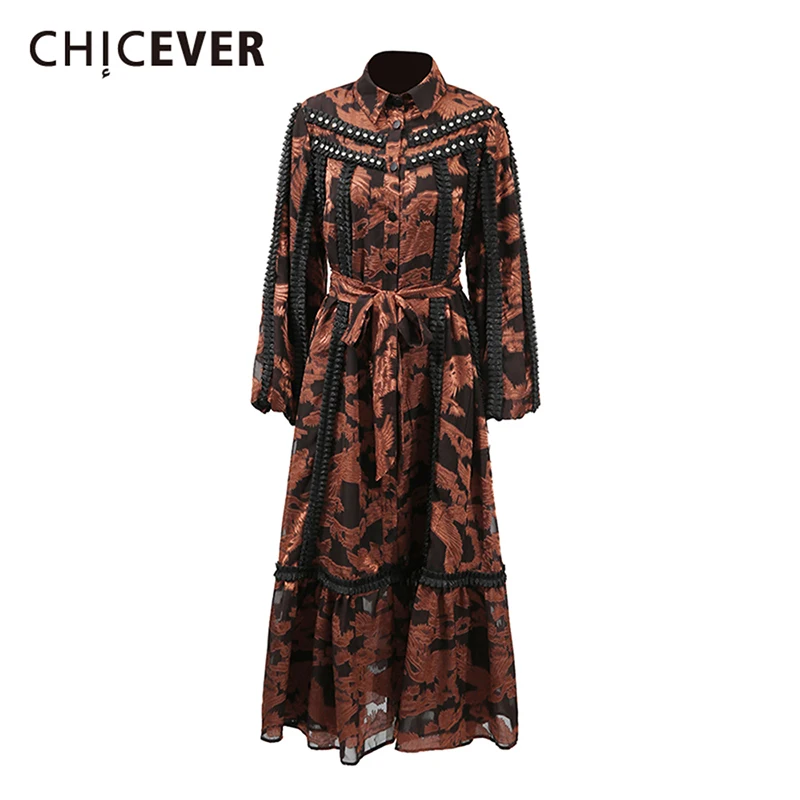 

CHICEVER Vintage Printing Patchwork Diamonds Dresses for Women Lapel Long Sleeve High Waist Spliced Lace Up Elegant Dress Female