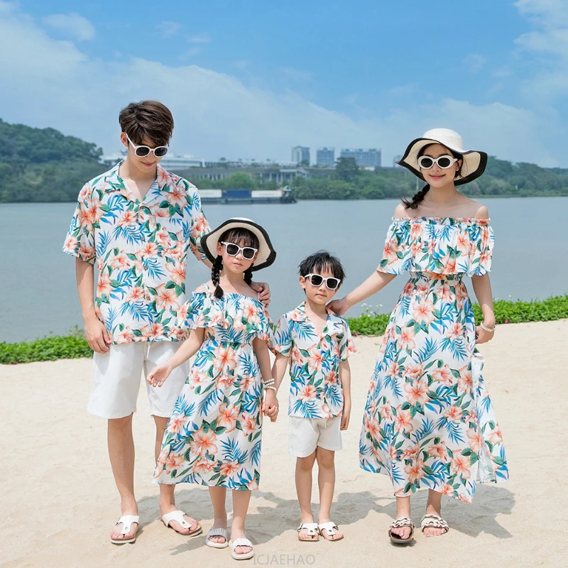 Dress 2025 Woman Family Matching Outfits Beach Vacation Set Couple Mother Daughter Wear Father Son Shirts Floral Print Summer