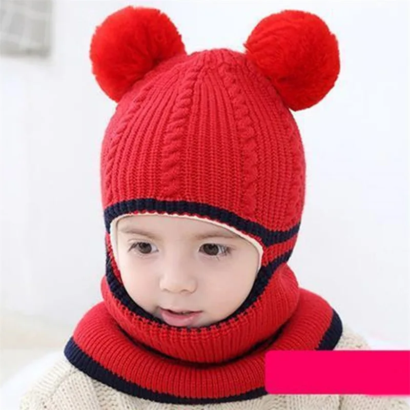 Beanies Baby Ring Hat Pompom Winter Children Hats Knitted Cute Cap for Baby Girls Boys Warm Fleece Lining Earflap Caps for Kids