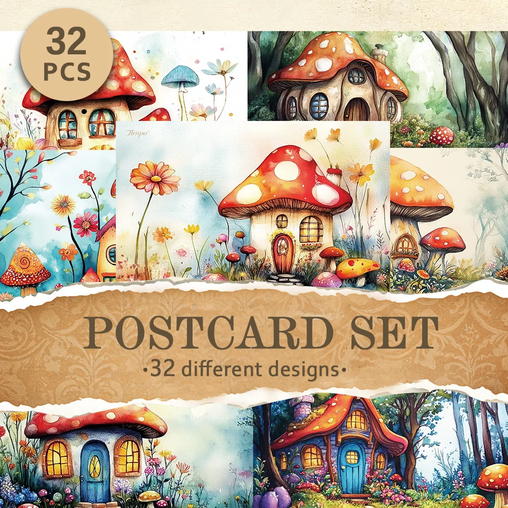 

32pcs, Watercolor Fairy Tale Mushroom House Postcards, Birthday/Anniversary Gifts, Collectibles, Suitable for Gift Giving