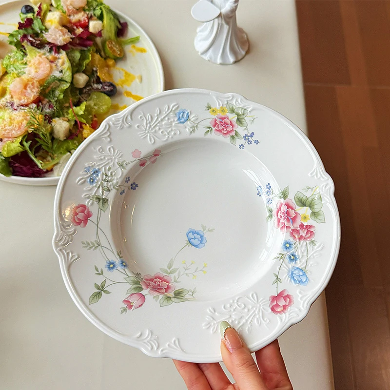 Vintage Floral Embossed Ceramic Plate White Round Salad Dessert Dinner Plate for Home Use Exquisite Beautiful Deepen Tableware