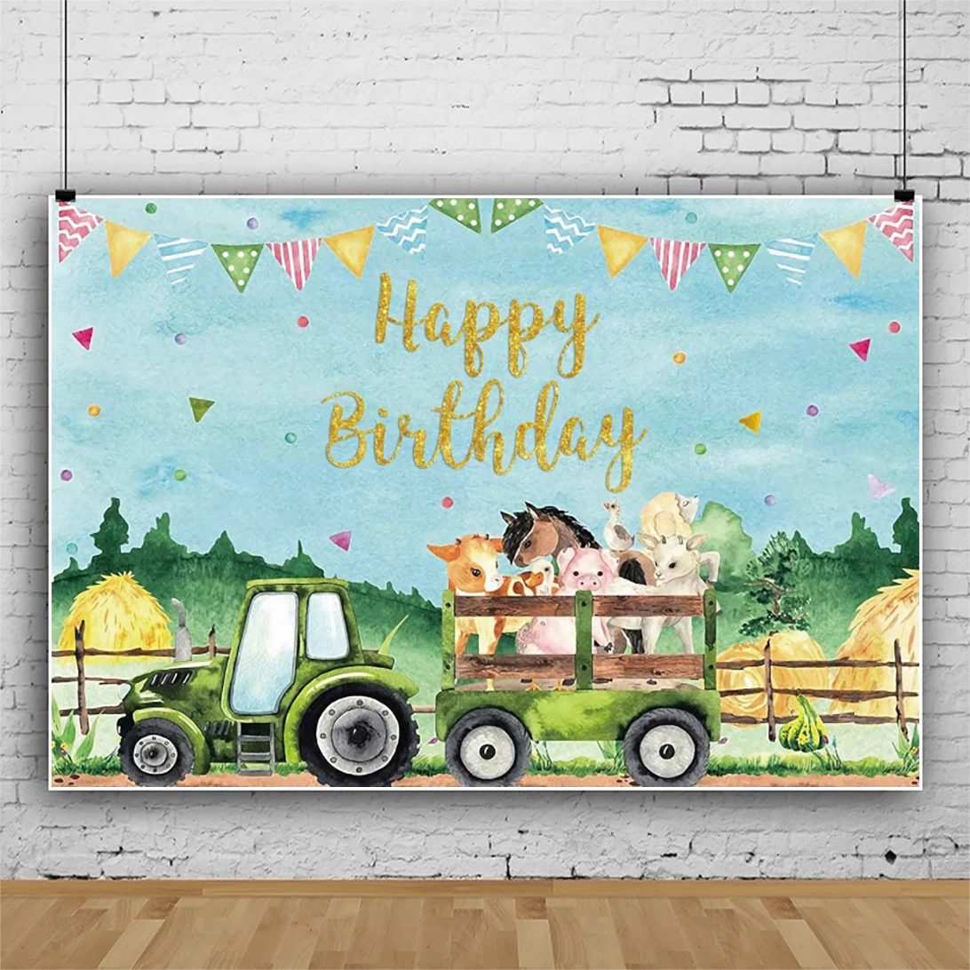 Laeacco Hoạt Hình Trang Trại Sinh Nhật Chụp Ảnh Phông Nền Xanh Xe Tải Động Vật Nông Trại Kid Cho Bé Chân Dung Tùy Chỉnh Nền