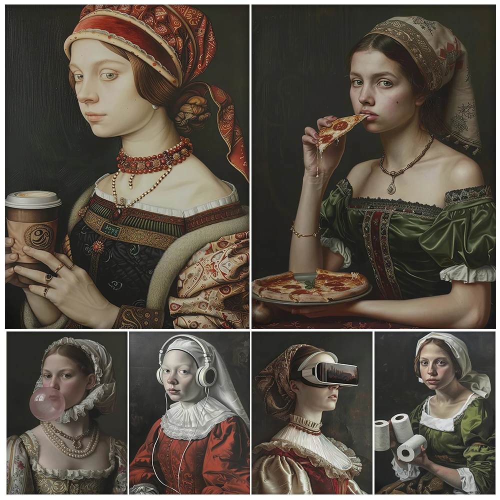 Renaissance Woman Vintage Parody Art Poster And Print,Kitchen And Toilet Whimsical Wall Art,Canvas Painting Home Decor Unfraemd