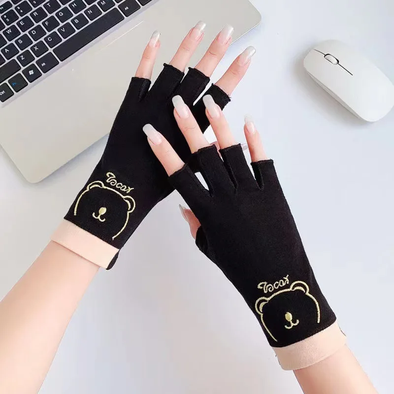 Women's Summer Half-Finger Cotton Anti-Slip Breathable Sun-Protective UV-Blocking Gloves for Outdoor Cycling Driving Tea Picking