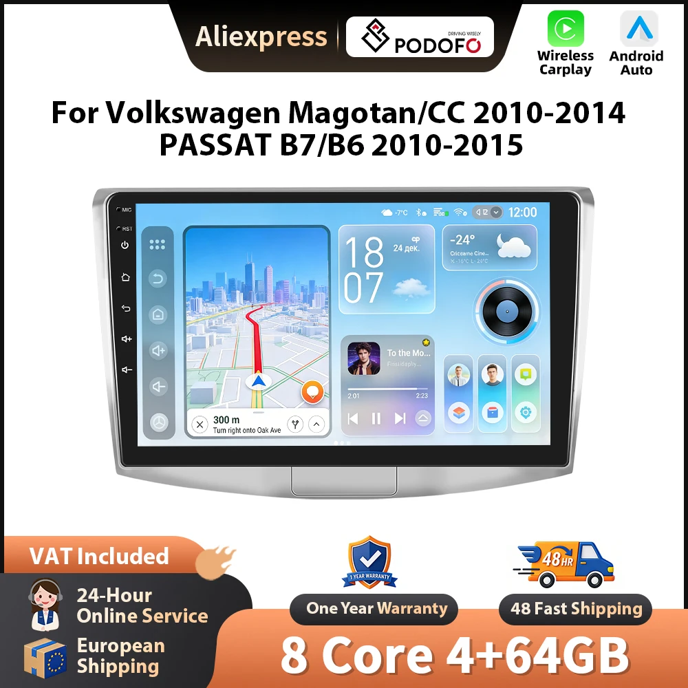 Podofo Android Autoradio für Volkswagen Magotan/CC 2010-2014 PASSAT B7/B6 2010-2015 Wireless CarPlay GPS WIFI FM/RDS Head Unit