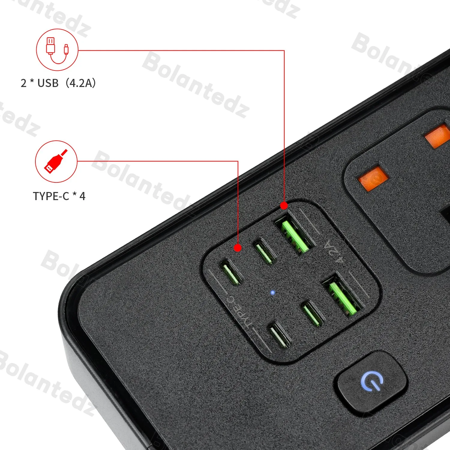 Extension Desktop 4/5 AC UK Output socket UK Plug Power Strip With USB Type-C 2m Cable 3250W 13A 250V UK Standard Sockets