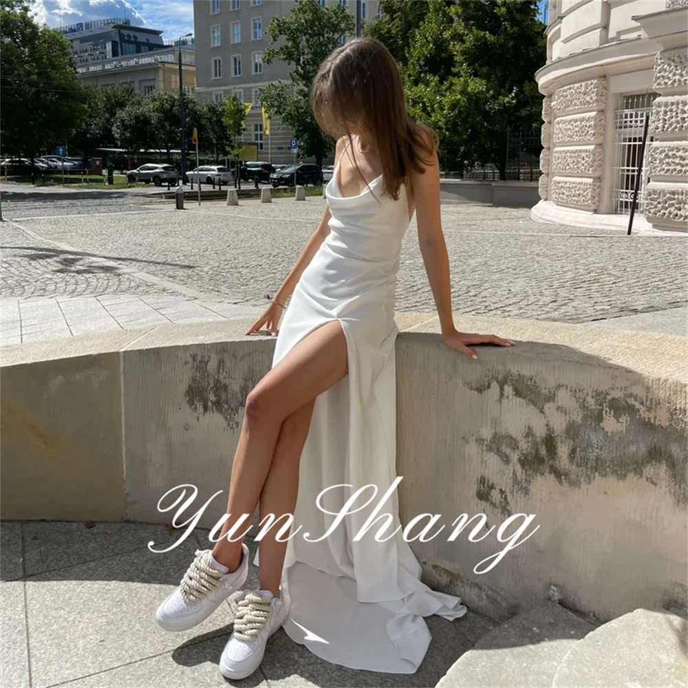 

Yunshang Simple Mermiad Wedding Dress Boat Neck Spaghetti Straps Open Back Split Bridal Gown Train Vestidos De Novia Customized