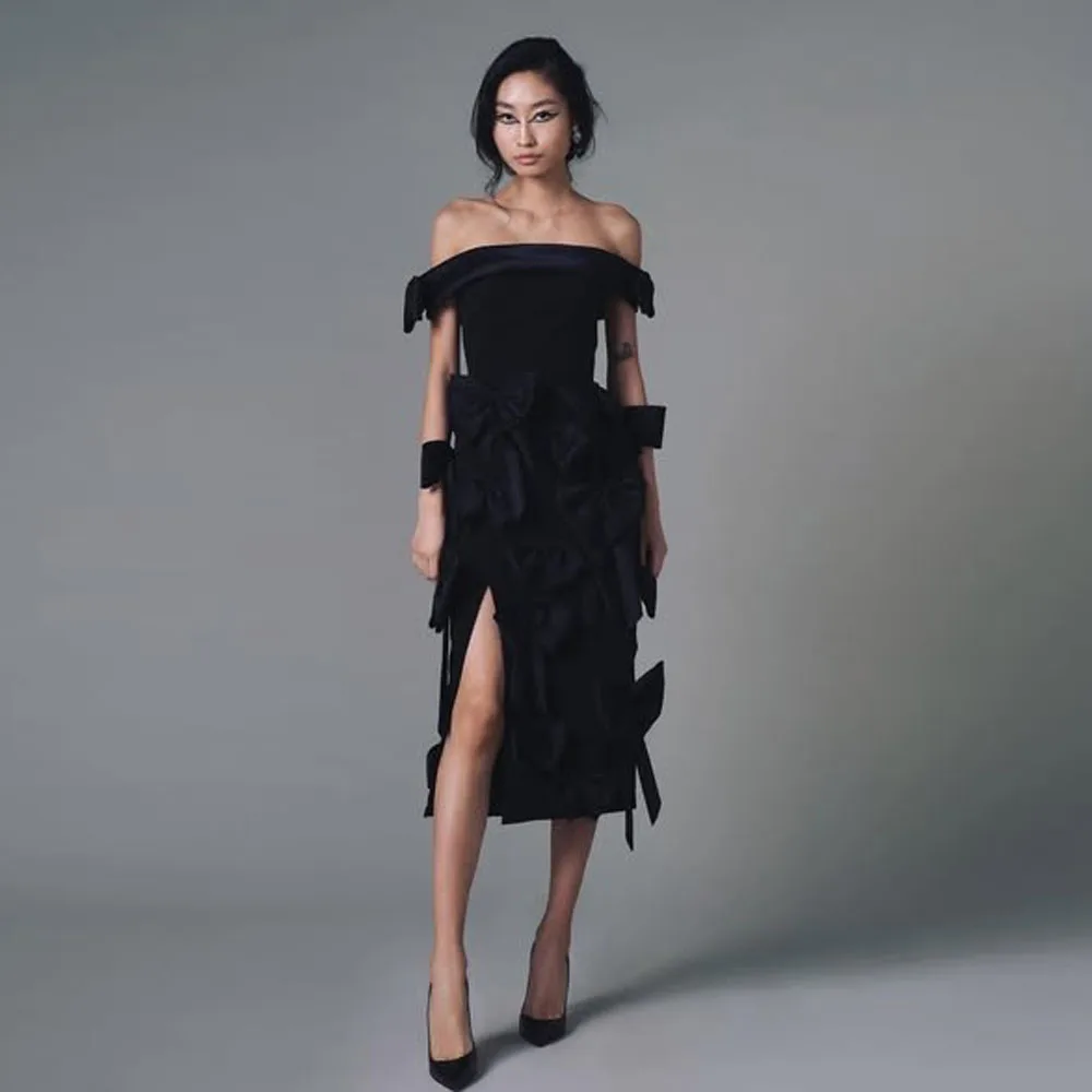 

Bow Details Strapless Sheath Female Formal Dress 2025 New Couture Black Split Mid Calf Women Dresses
