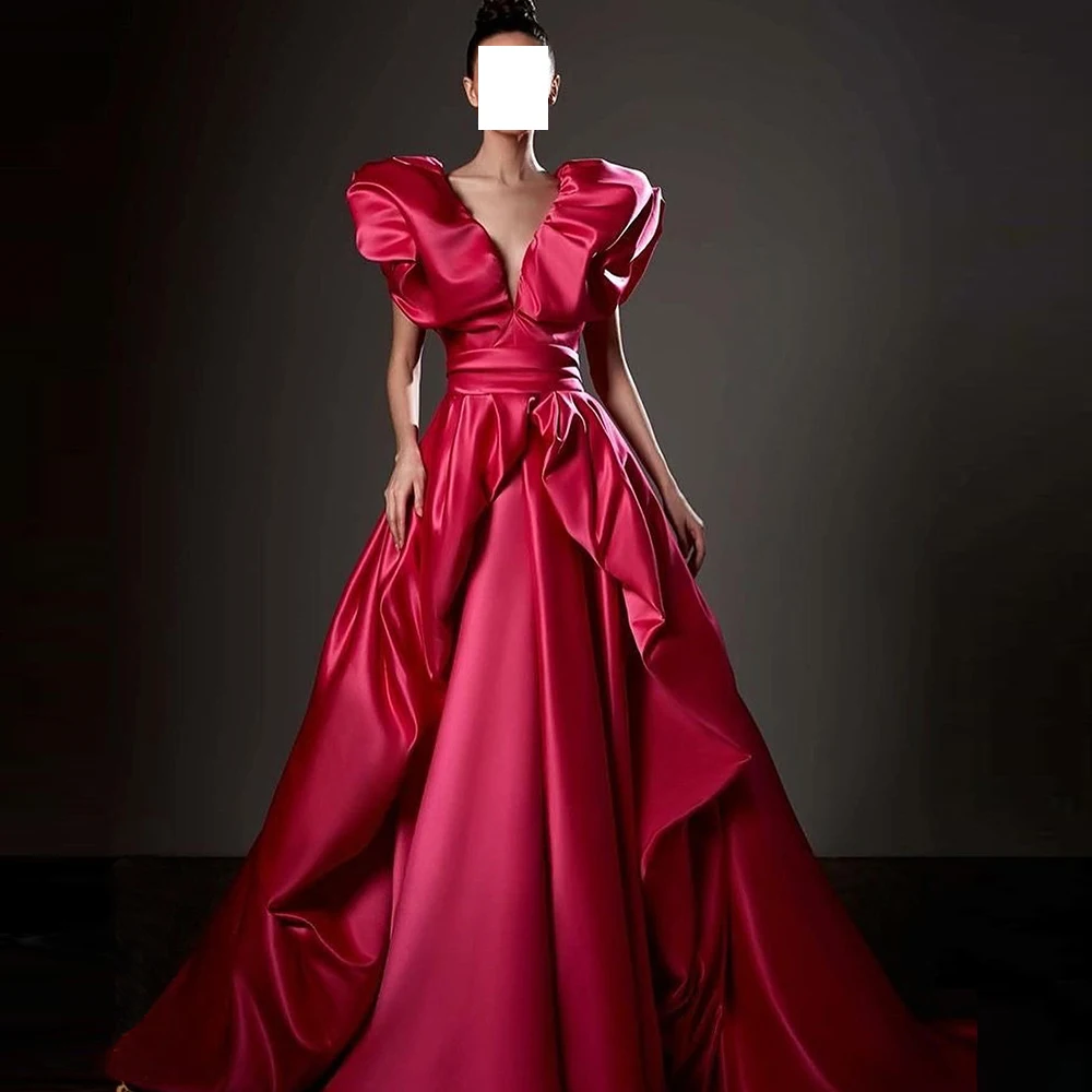 

Elegant Luxury Evening Dress 2024 V-Neck Cap Sleeveless Sashes Backless A-Line Pleats Solid Red Classic Celebrity Dress Saudi