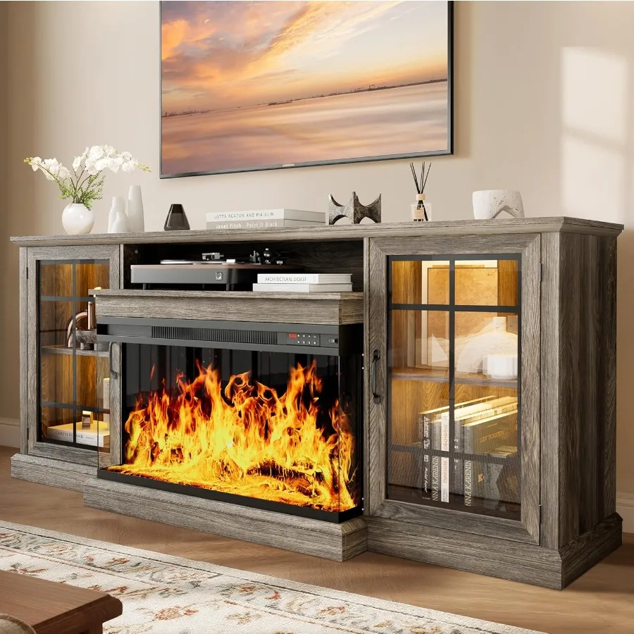 

80" Fireplace TV Stand with 3-Sided Glass TV Cabinet for TVs up to 90" Modern Media Entertainment Center with Farmhouse Glass D