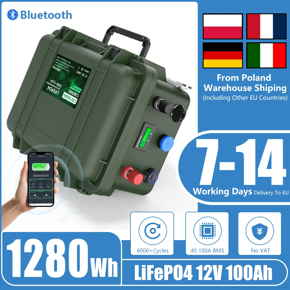 LiFePO4-Akku, 12 V, 100 Ah, 140 Ah, 12,8 V, Bluetooth, BMS, 6000+ Zyklen, USB 3.0/PD-Aufladung, wasserdicht, IP56 – EU, keine Steuer, 7–10 Tage