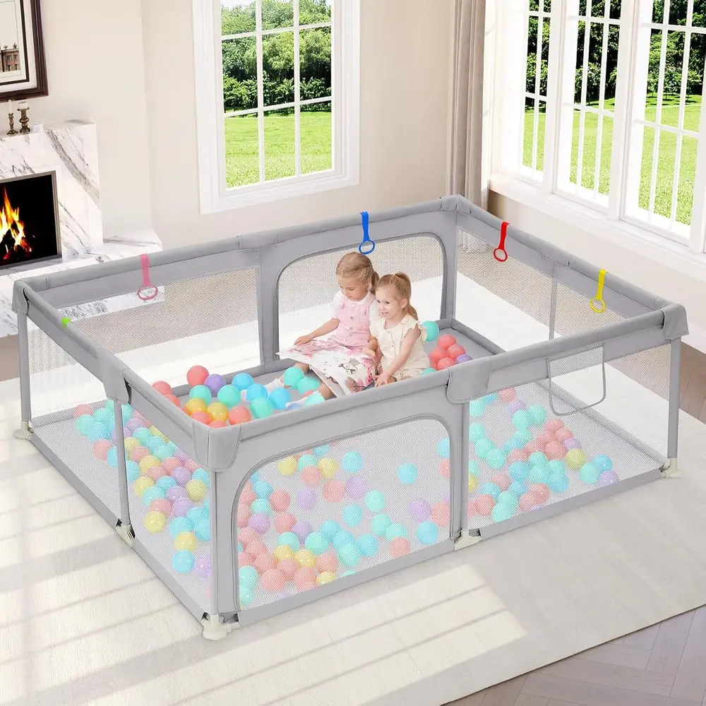 

71x47 Inch Large Baby Playpen - Indoor/Outdoor Safe Play Area with Mesh, Anti-Fall & Anti-Slip, Grey
