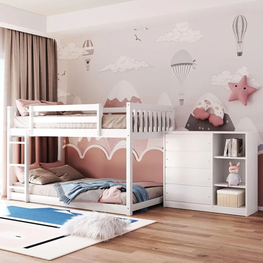 Bunk Bed Twin Over Twin, Wood Floor Bunk Bed with Storage Drawers and Shelves, Low Bunk Bed Frame with Guardrails and Ladder