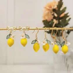 Dainty Glass Lemon Charm with Arcylic Flower Leaf Ddangle Earrings Cute Fruit Fashion jewelry for Women Birthday Party Gifts