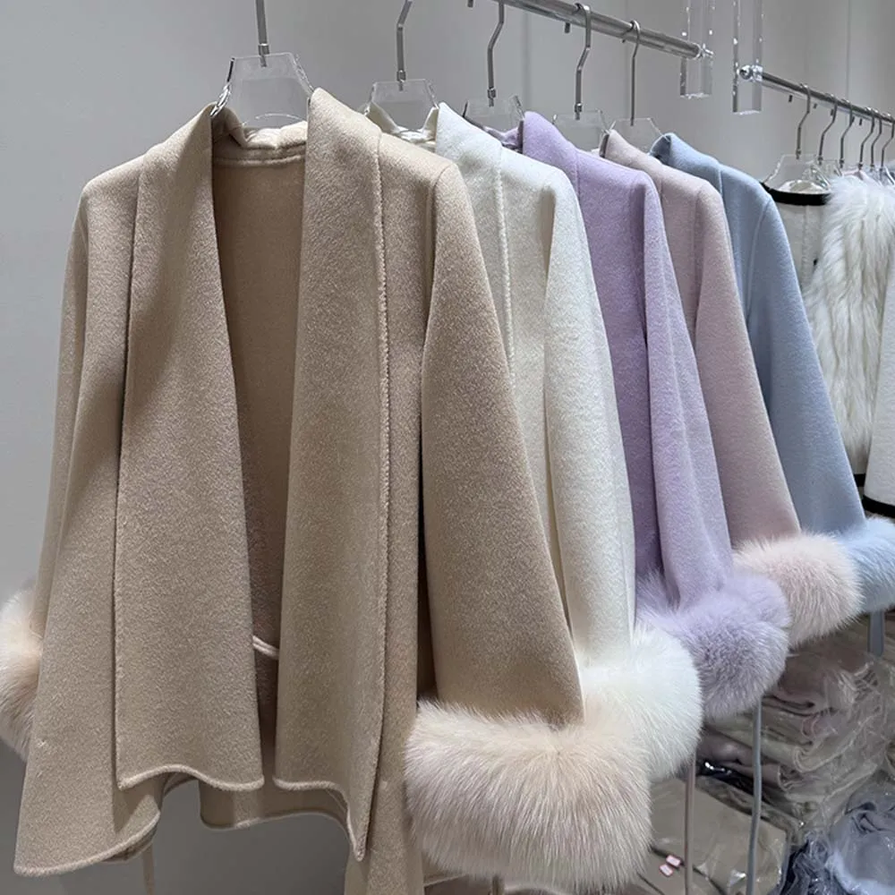 

Winter New High-end Double-sided Wool Lace-up Coat Women Real Fur Cuffs Removable Fox Fur Temperament Double-sided Cashmere Coat