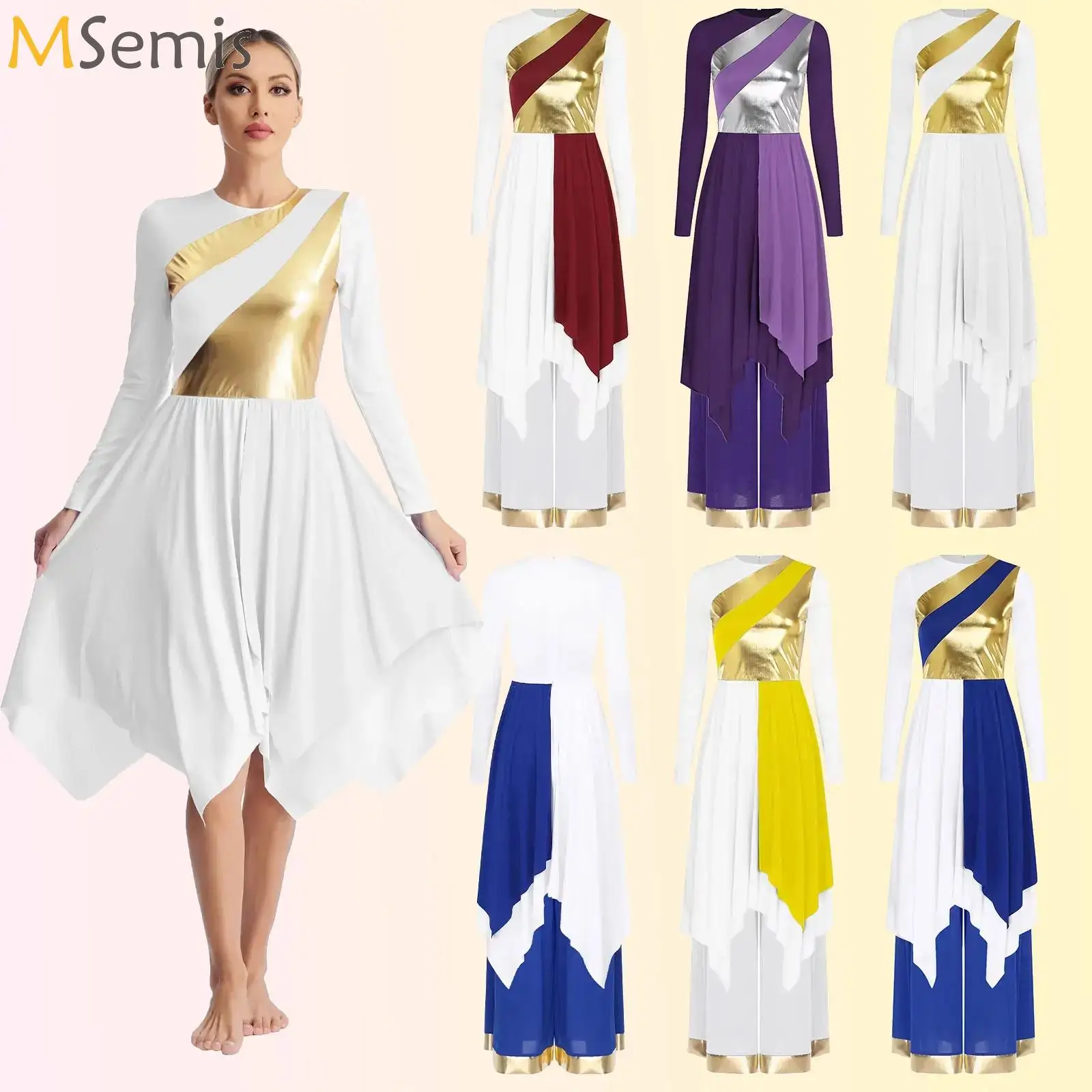 

Womens Praise Worship Dancewear Long Sleeve Metallic Dress and Wide Leg Long Pants 2-piece Set for Liturgical Lyrical Dance