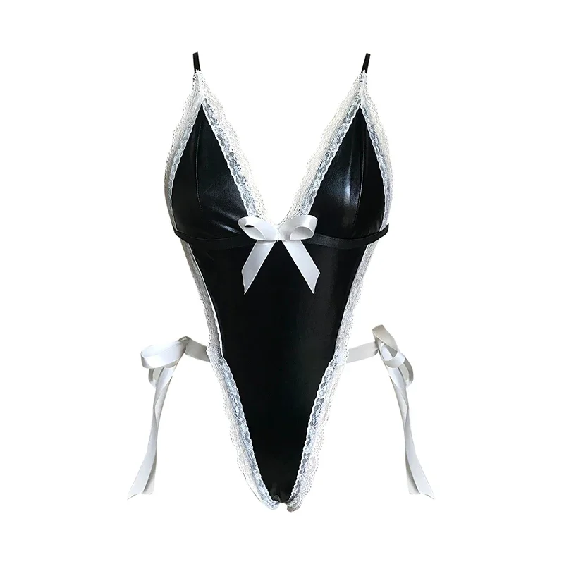 Costume de Cosplay en cuir Latex pour femmes, Lingerie Sexy, grande taille, décolleté en V profond, dos nu, robe de poupée de demoiselle d'honneur, Corset porno avec nœud, Costumes érotiques