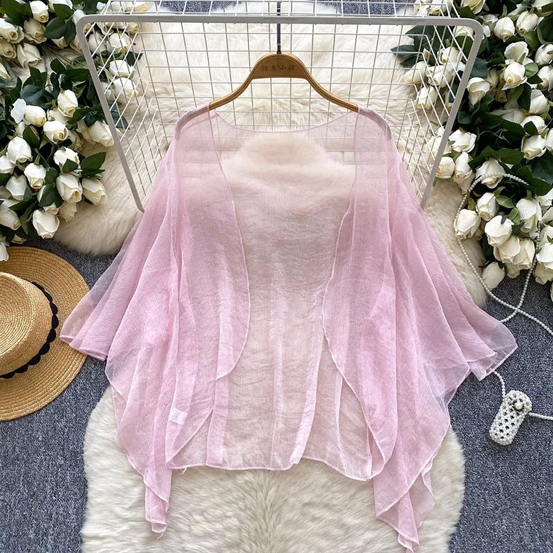 Extremely Simple Style Solid Color Mesh Cardigan Shawl Women's Summer New Loose Sweet Sunscreen Blouse Top Trendy C475