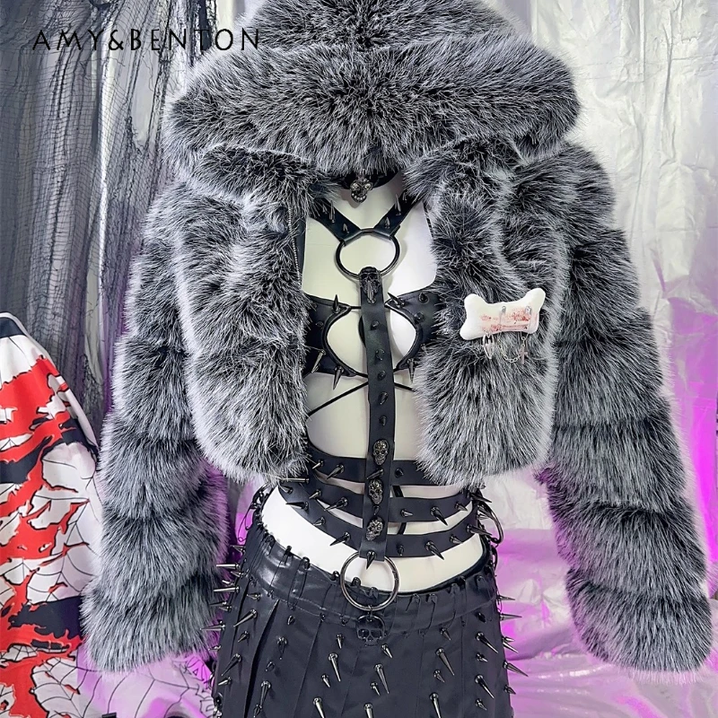 

European American Style Y2K Hot Girl Punk Dark Pin Rock Women's Coat 2025 Autumn Winter New Gothic Faux Fur Short Jacket Ladies