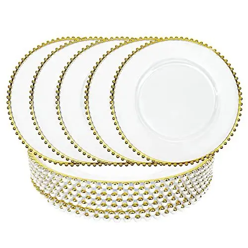 50pcs Clear Plastic Charger Plates with Gold Beads Acrylic Wedding Party Decor, Christmas Service Plate, 13 Inches Dinner Plates