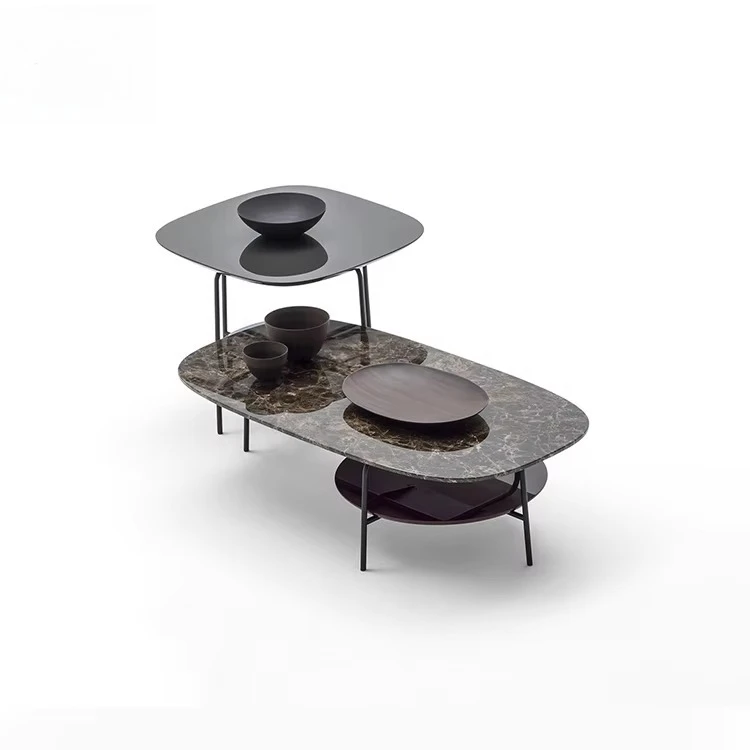yr-Modern Nesting Coffee Tables Marble/Green Tempered Glass Top with Metal Frame Oval Living Room Center Tables with Shelf-