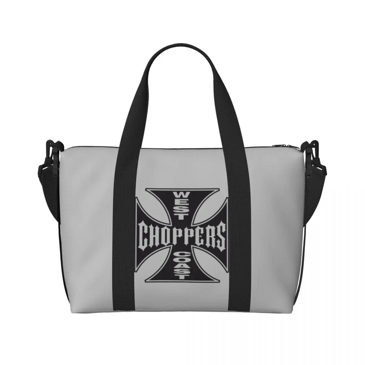 Custom West Coast Iron Cross Choppers Tote Bag for Women Large Capacity Beach Gym Travel Bags