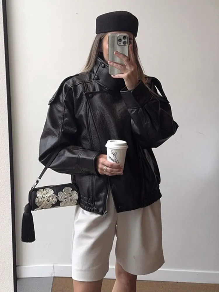 HH Frauen Vintage Pu Leder Bomber Jacke Rollkragen Lange Sleeve Zipper Faux Leder Mäntel Herbst Winter Mode Dame Streetwear