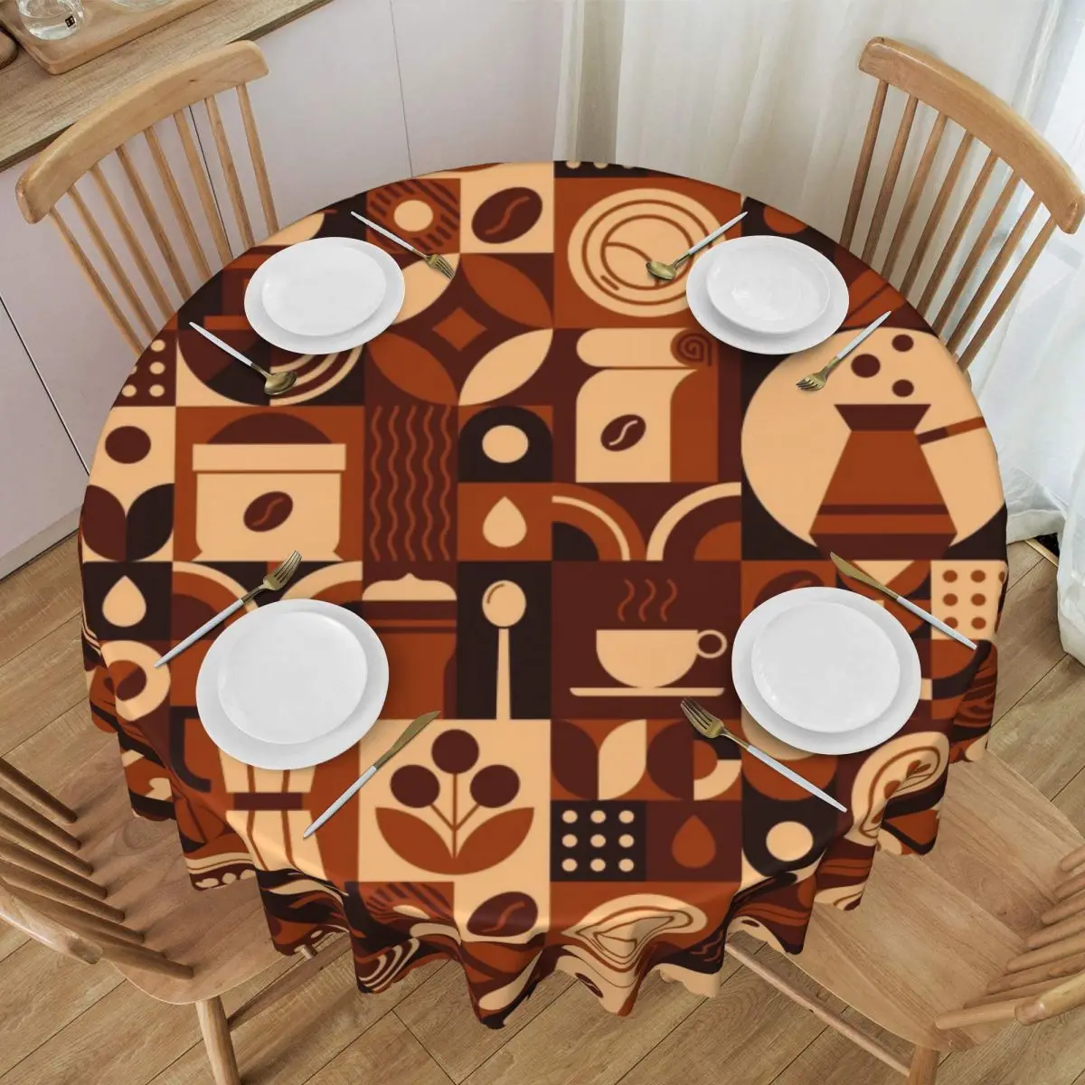 Customized Hot Coffee Drink Abstract Geometric Pattern Tablecloth Round Oilproof Table Cloth Cover for Banquet 60 inches