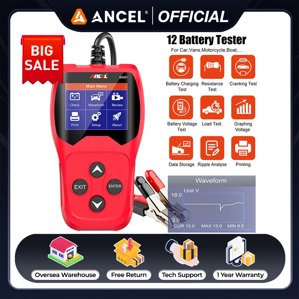 

ANCEL BA201 Car Battery Tester 12V Battery System Analyzer 100-2000CCA Battery Health Display Comprehensive Diagnostic Tools