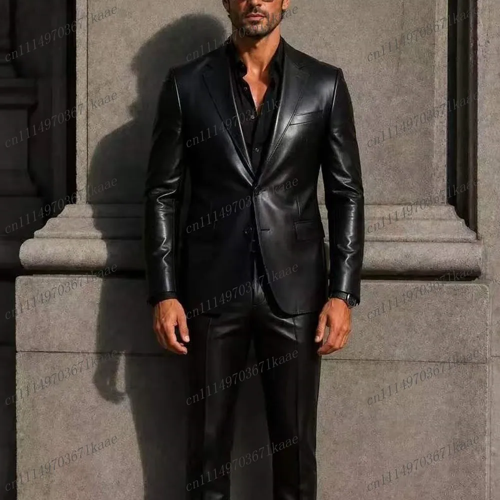 Black Leather New Formal Business Men Suit Wedding Party Groom Groomsman Male Tuxedos Costume 2 Piece Set Jacket Pants