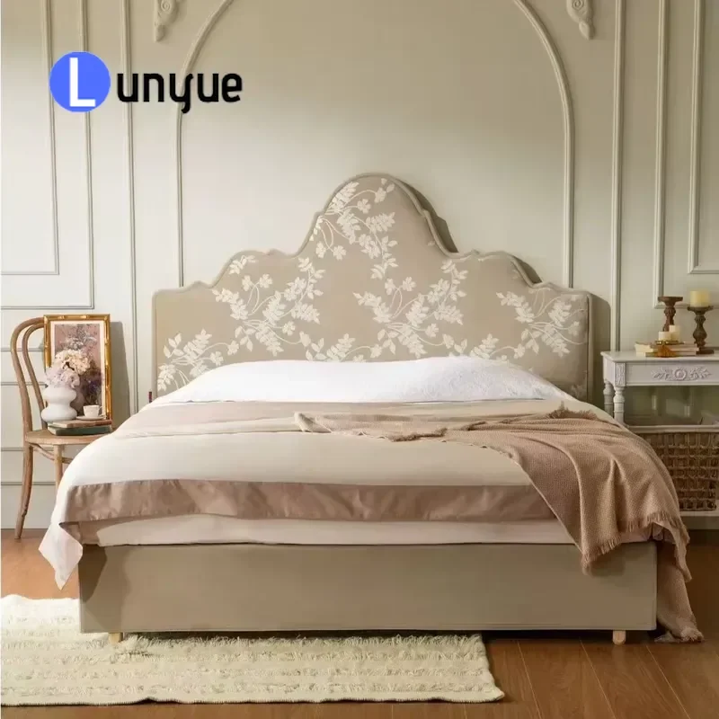Modern Soft Upholstered Bed with Wavy Floral Headboard Eco Friendly Durable Fabric Comfortable Master Bedroom Furniture