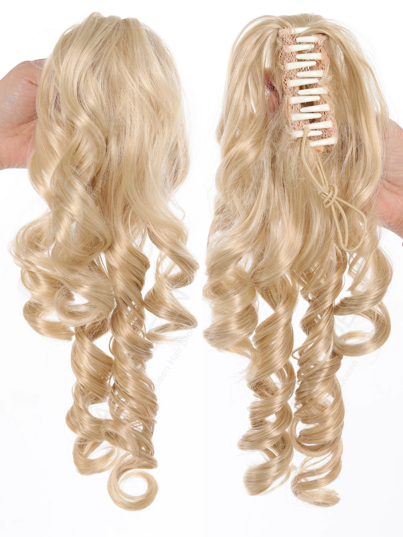 Synthetic 40cm Black Blonde Curly Clip In Hair Extensions Pieces Double Ponytail Suitable For Pairing With Lolita Short Hair