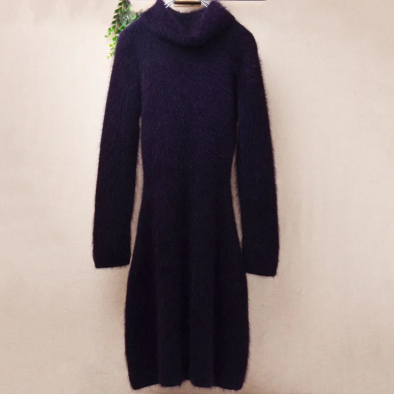 Women Mujer Autumn Winter Thick Warm Hairy Mink Cashmere Knitted Turtleneck Long Sleeves Slim Long Sweater Jumper Dress Pull