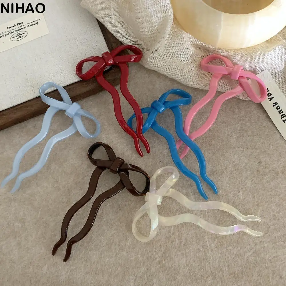 Multicolor Acetic Acid Bow Hair Stick Chinese Style Hair Clip U-shaped Hairpin Hair Accessories Headdress Pan Hair Fork Girl