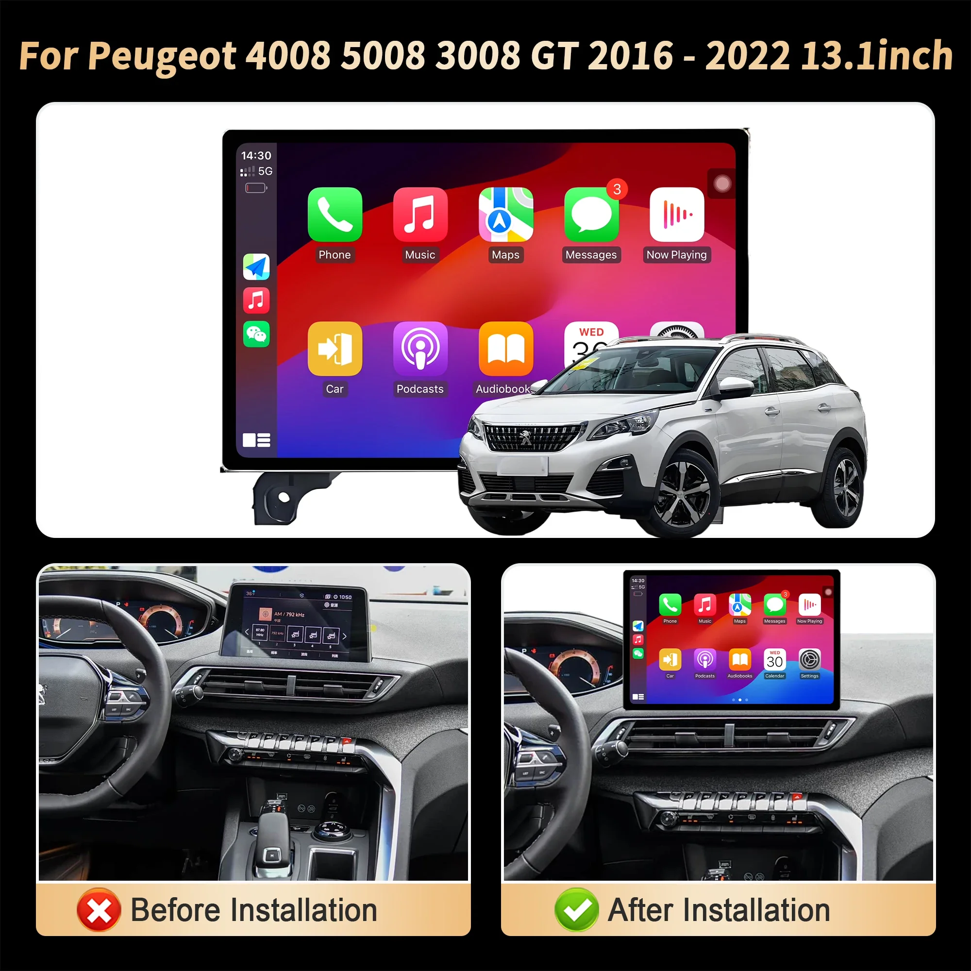 13.1 inch Android For Peugeot 4008 5008 3008 GT 2016-2022 Car Radio Wireless Carplay GPS Multimedia Touch QLED Screen Stereo