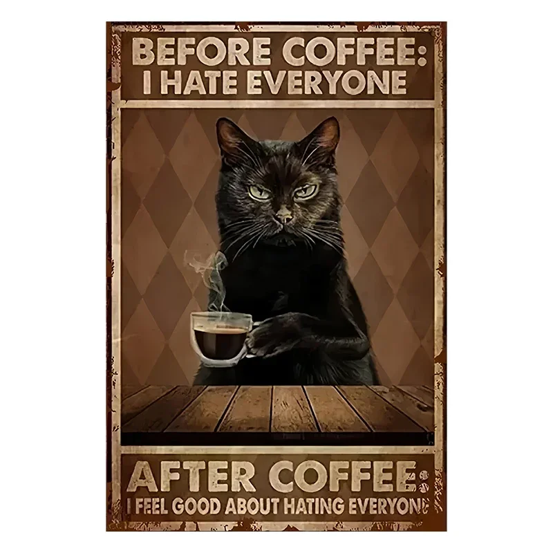 Fun Coffee Bar Sign Retro Cat Wall Art Decoration Black Cat Cafe Home Bar Wall Decoration Poster Aluminum Production