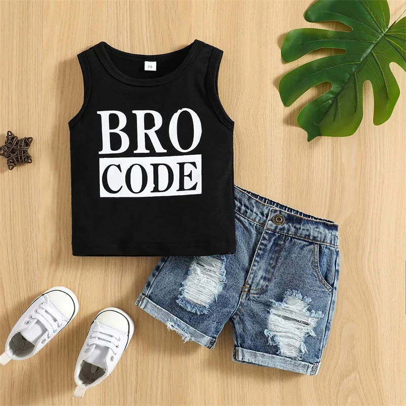 Toddler Boys Casual Summer Outfit Set featuring Sleeveless Tank Top with Round Neck and Distressed Denim Shorts