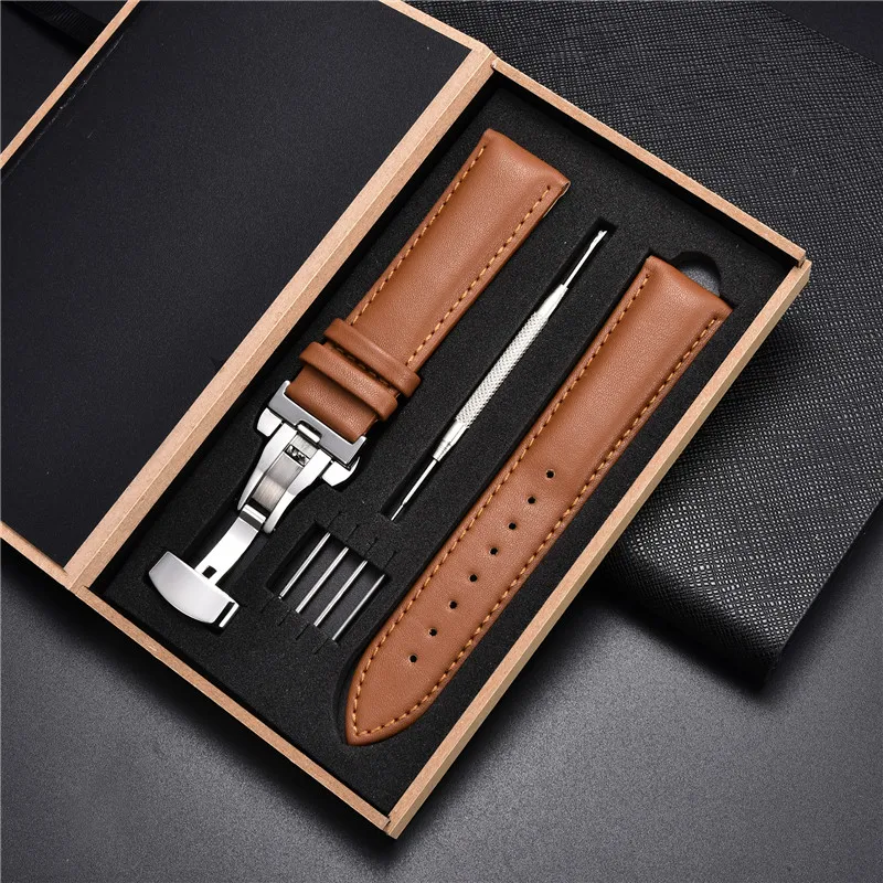 Leather Straps with Box 18mm 20mm 22mm 24mm Strap Stainless Steel Butterfly Buckle Clasp Leather Bracelet Black Brown Wristband