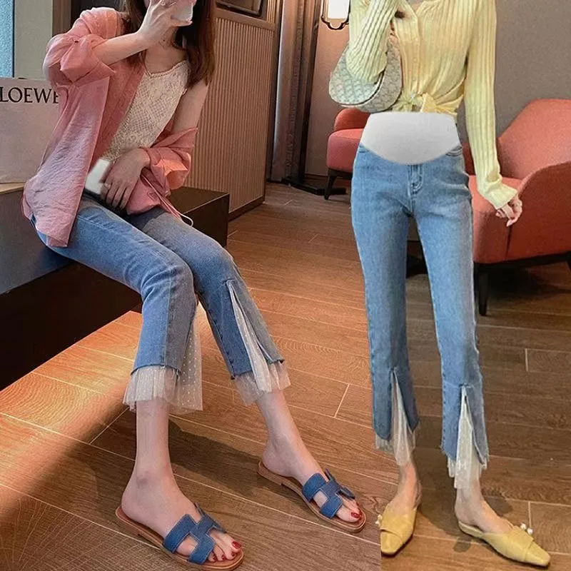 Flares Pants Streetwear Baggy Jeans Women Casual High Waist Korean Y2k Loose Hem Slit Denim Trousers Mom Jeans Lace Patchwork