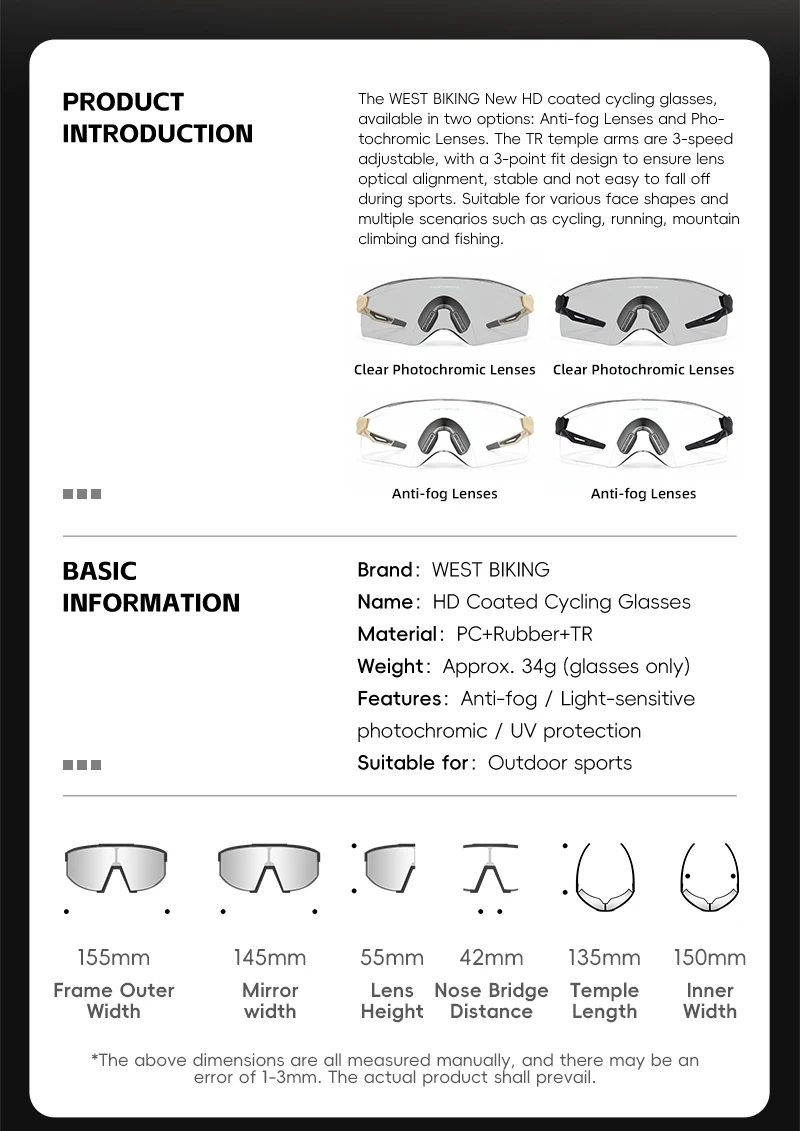 WEST BIKING Fahrrad-Sonnenbrille Photochromatisch Beschlagfrei UV400 TR90-Rahmen Aero-Beak-Design für Herren Damen Rennrad Mountainbike Eyewear – Detail 2