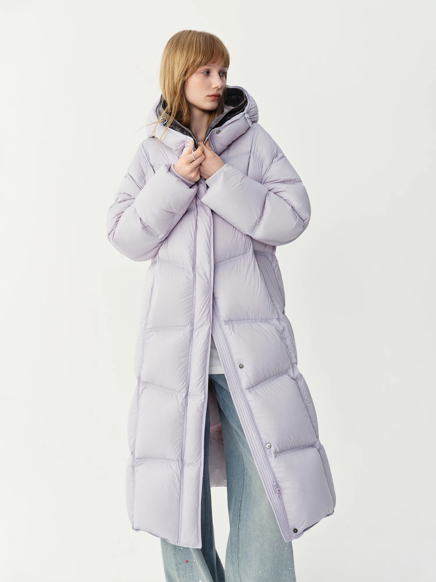 FSLE 2026 Winter Women Long Hooded Bread Puffer Downcoat Jacket Color Block Warm Quilted Down Coat Streetwear Thick Outdoor Coat