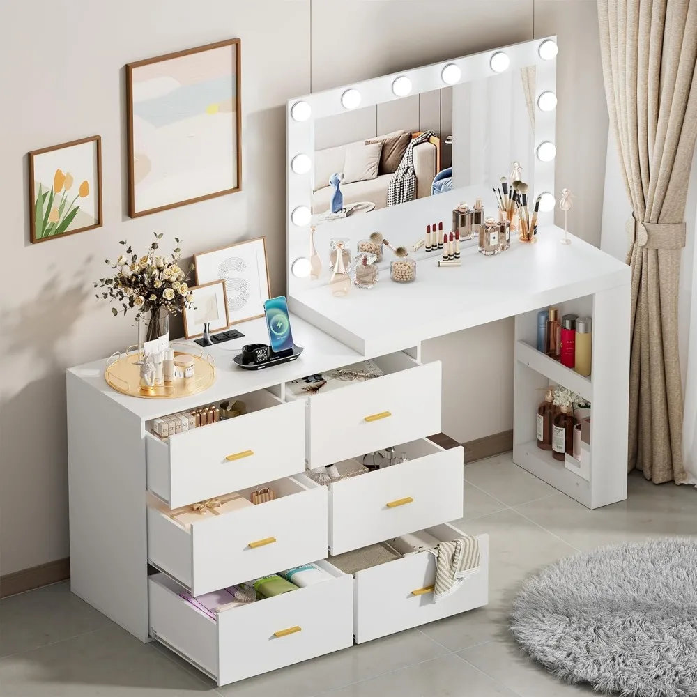 Vanity Makeup Desk with Mirror and 3-Color Lights, Charging Station,6 Drawers,Side 2 Storage Shelves for Bedroom. Dresser image 4